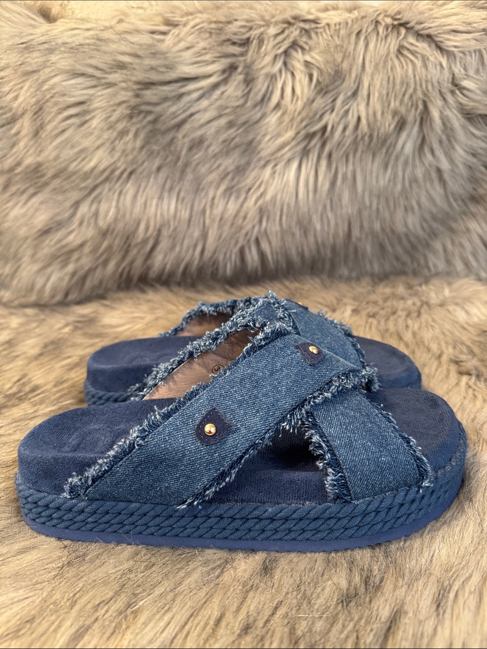 Mou Denim Blue Woman’s Cross-Strap Slide Sandals Size 39